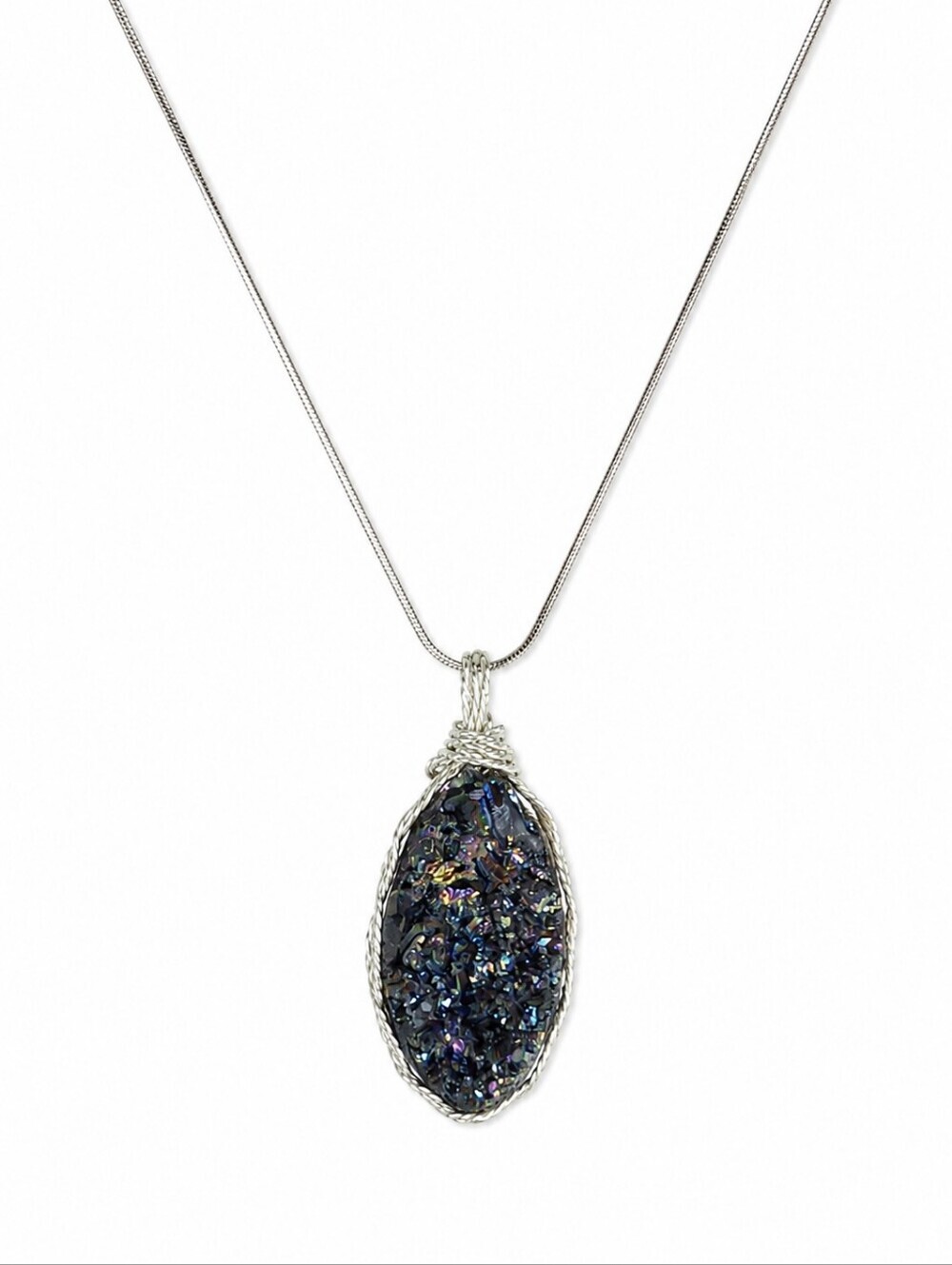 Rainbow Druzy Quartz Pendant Necklace  Wire Wrapped Gray Sterling ChainBo